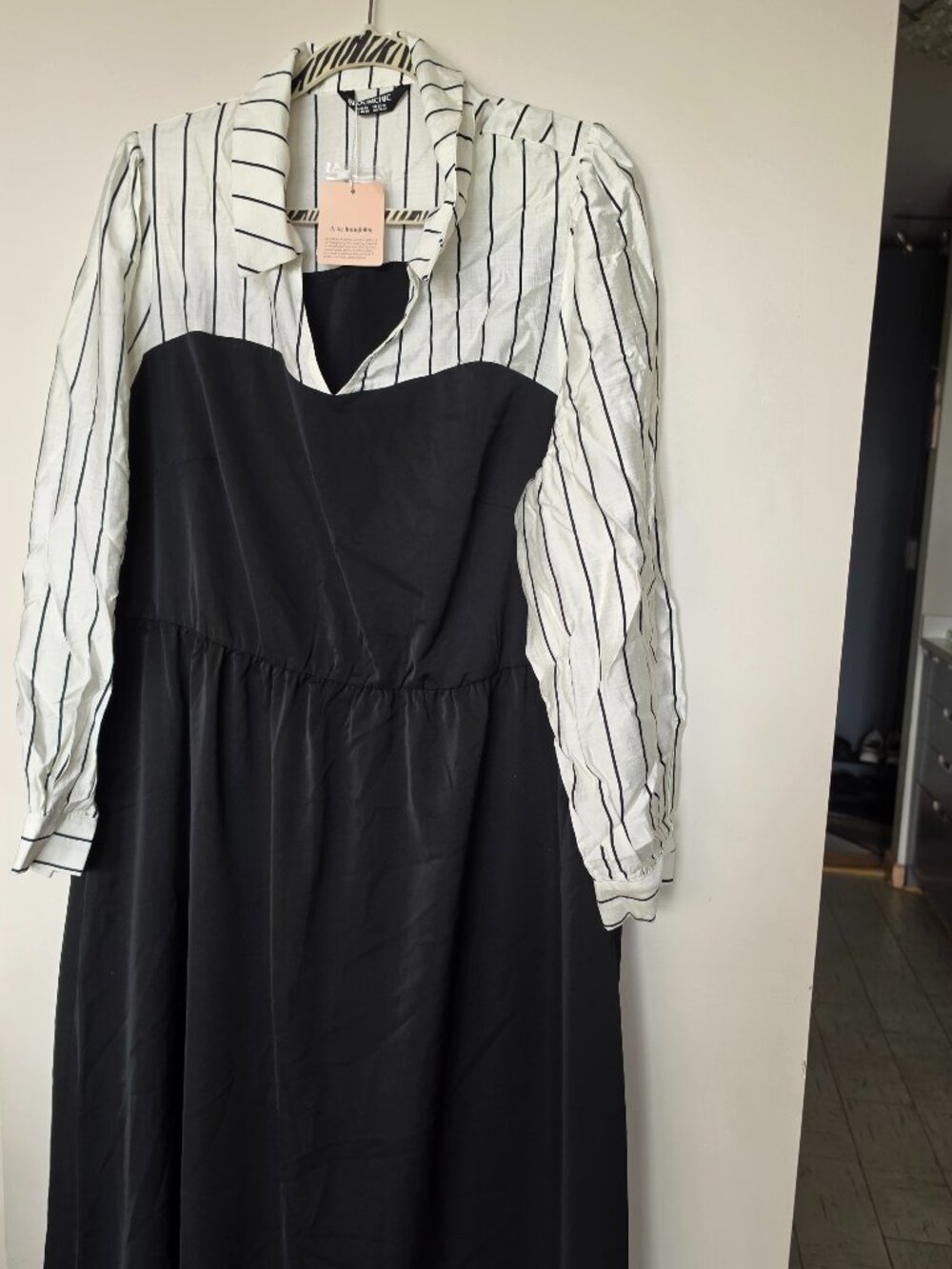 BloomChic Striped Mock Two-Piece Collared Midi Dress in black and white.